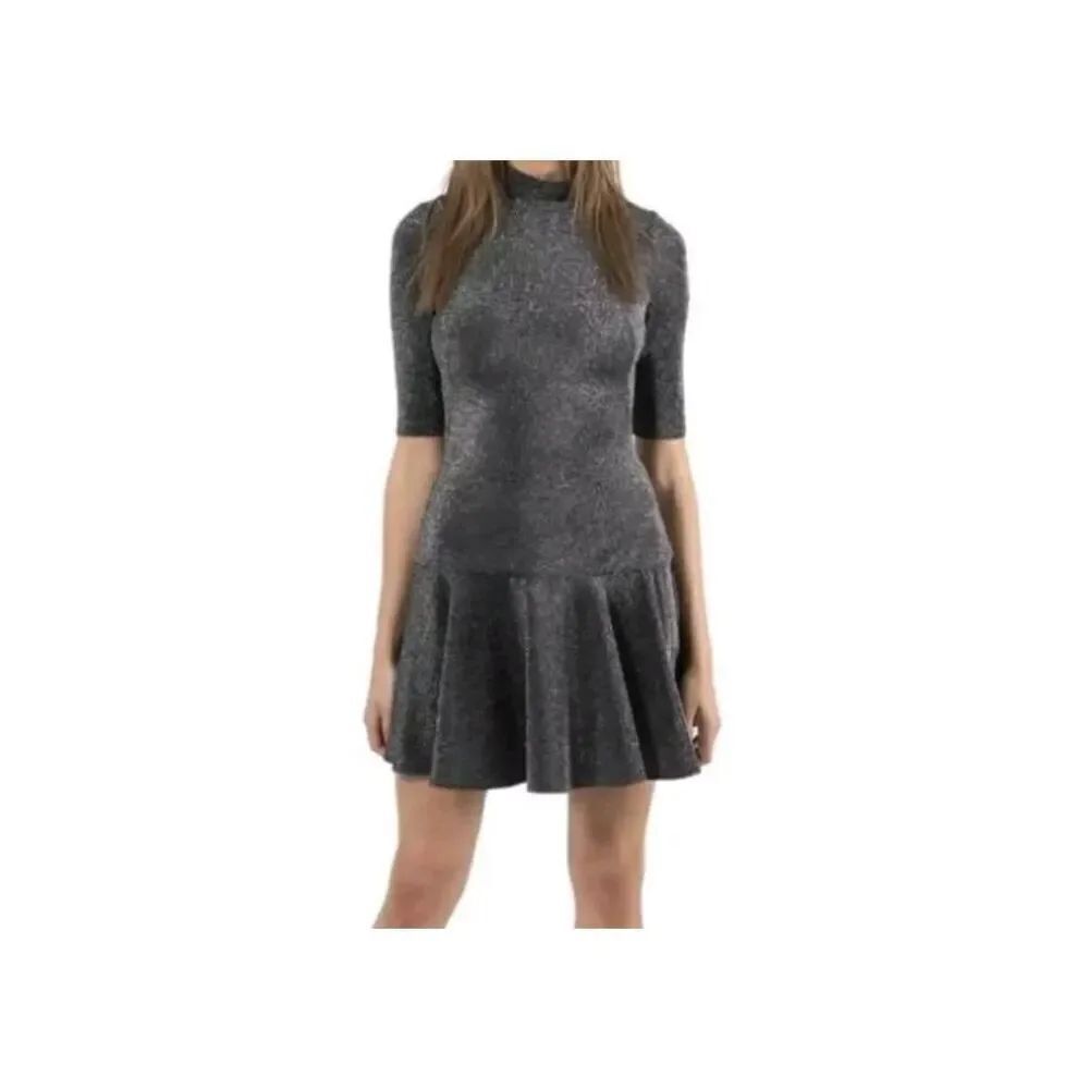 NWT Black Halo Black Silver Metallic Tinkerbell Flounce Hem Mock Neck Dress Size